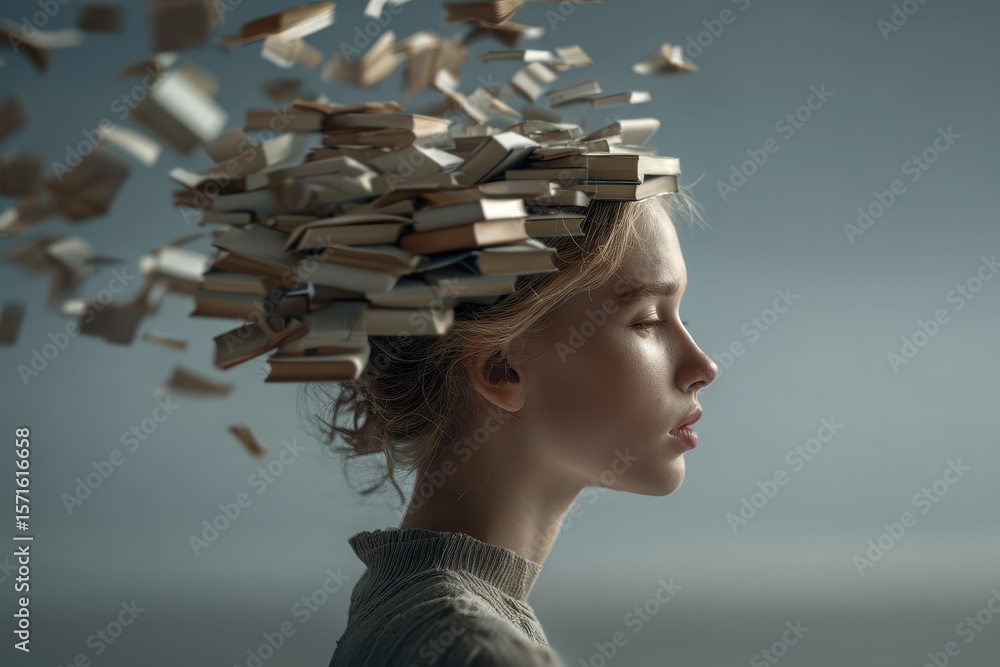 Poster beautiful brooding individual surrounded by floating books in a serene atmosphere evoking creativity