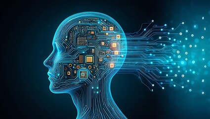 Artificial intelligence represented by a circuit board silhouette of a human head, Technological brain with connected digital lines