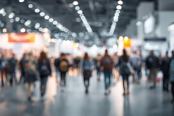 Busy expo floor filled with attendees exploring various booths and displays during a vibrant convention in the early afternoon