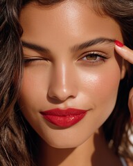 Winking woman with vibrant red lipstick showcases a radiant beauty look