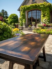 Wooden Table in Garden Setting: A rustic wooden table is perfectly positioned outdoors, ready for culinary masterpieces.