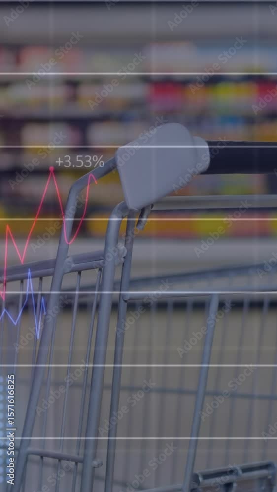 Poster animation of data processing over trolley in shop