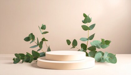 Beige podium with eucalyptus branches platform stage