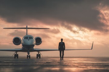 Business professional in suit walking towards private jet during sunset on airport runway showcasing luxury travel lifestyle