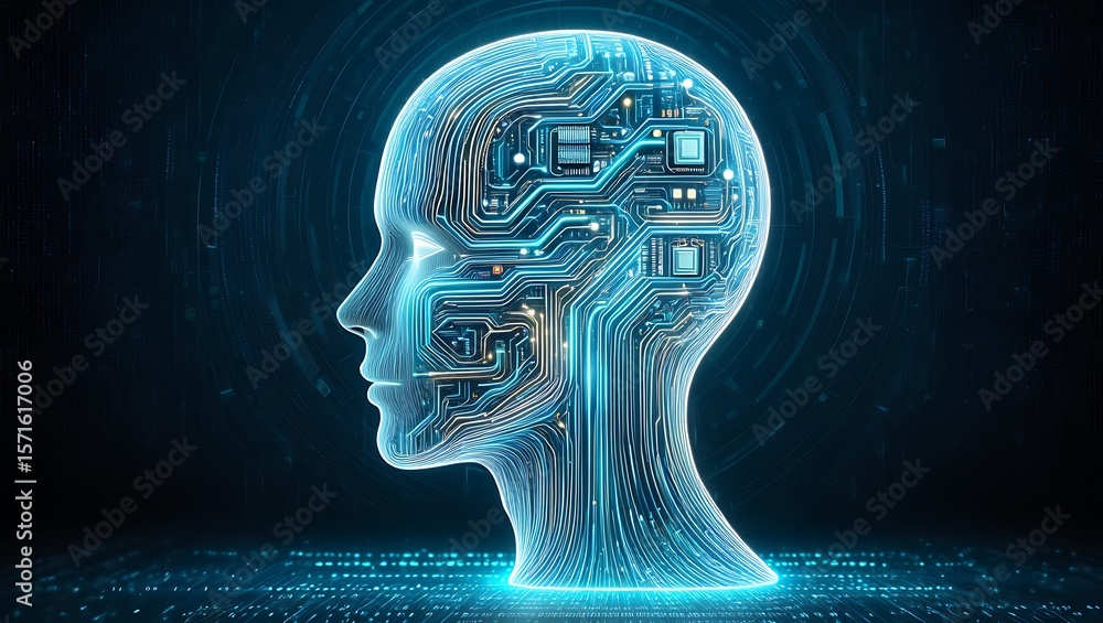 Poster artificial intelligence: a cybernetic head profile, digital brain: electronic circuits and neural ne