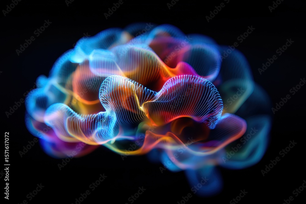 Poster colorful abstract representation of a brain with fluid shapes and vibrant patterns in a futuristic s