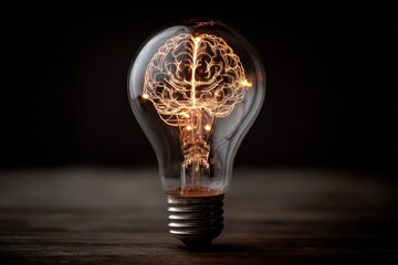 Illuminated brain represented inside a light bulb symbolizing creativity and innovation in a dark setting