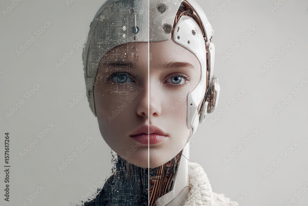 Poster contrast of human emotion and artificial intelligence in a split representation of a woman and a fut