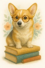 Adorable Corgi Puppy Wearing Glasses Sitting on Book Stack