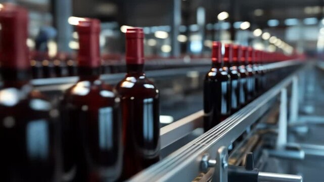 Bottles of red wine move on a conveyor belt in a factory. Automation in beverage production, winery manufacturing process line.