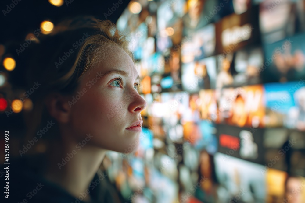 Aufkleber woman gazes intently at illuminated screen displaying various images in a darkened environment durin
