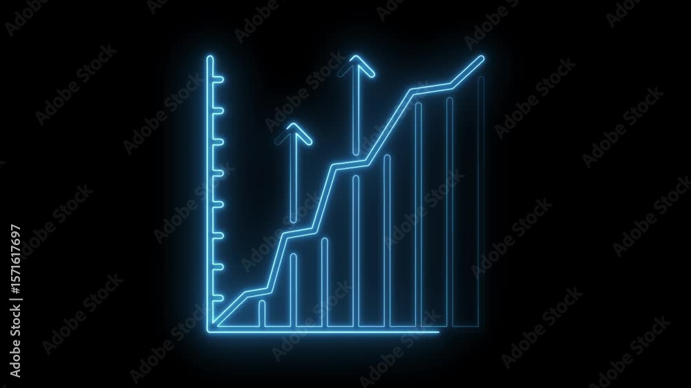 Poster neon glowing bar graph with line increasing on dark background financial growth animation