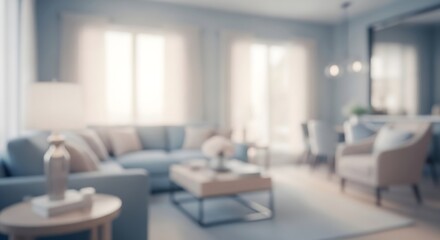Blurred Interior of a Modern Living Room with Blue Sofa and Natural Light from Windows