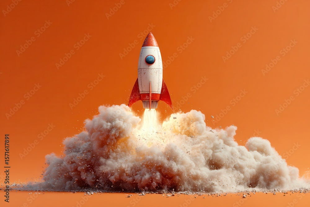 Poster creative rocket launch with exploding engine in vibrant orange background showcasing dramatic propul