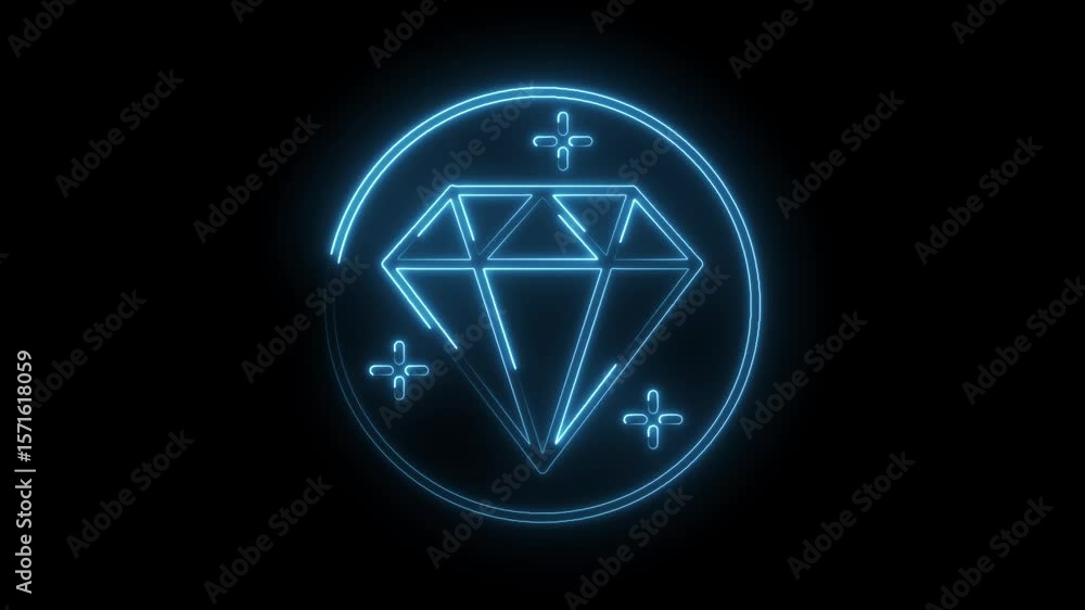 Poster neon diamond icon animation with glowing blue outline on black background animation loop