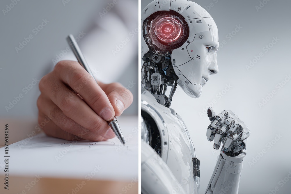 Poster contrasting human creativity and robotic precision in a split screen display showcasing writing and 
