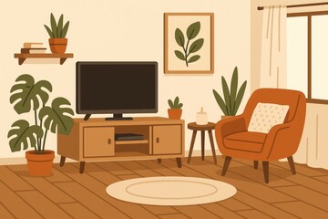Cozy living room with armchair and television plants wooden floor