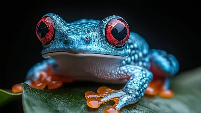 Close-up of a vibrant blue tree frog