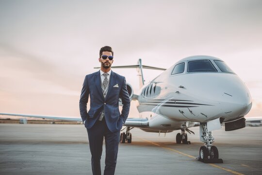 Rich individual dressed in a business suit stands confidently beside a private jet at sunset on a tarmac - Powered by Adobe