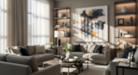 Elegant Living Room Interior with Natural Light and Modern Art Decor in Neutral Tones