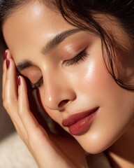 Elegant woman exhibits flawless skin and fashionable nail polish in closeup