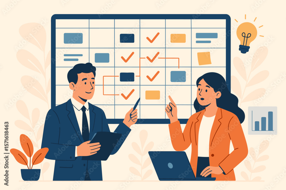 Poster business team planning project schedule. project management, workflow organization. colleagues brain