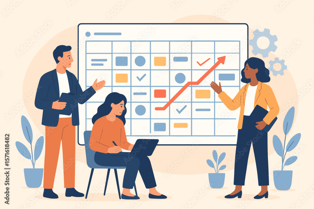 Poster business planning and development schedule. project management concept with team brainstorming. peop