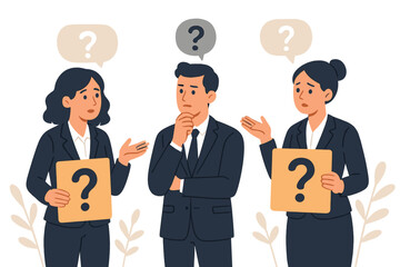 Business team with question marks seeking help and solution. Confused employees asking questions, expressing doubt and query for answers. Concept of problem solving discussion.