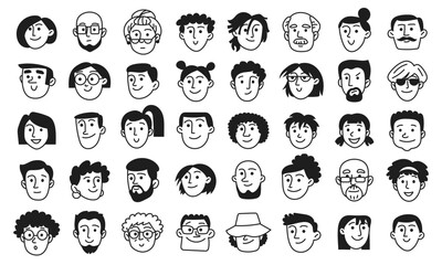 Big doodle set of human faces. Sketches of young, old, senior, woman, man, boy, girl, facial expressions, emotions. Diversity people isolated on white