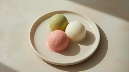 Three round mochi desserts in pastel green, pink, and white, arranged neatly on a ceramic plate under soft natural light.