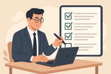 Businessman completing business performance checklist on laptop. Concept of online survey, filling digital form, taking an assessment, questionnaire, task and project management.