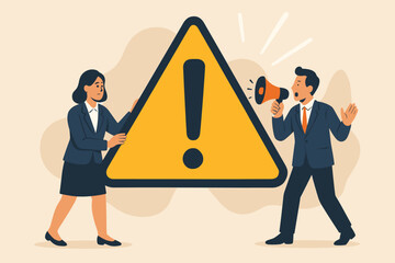 Warning message concept. Business people with attention sign. Man with megaphone making urgent announcement. Important notification. Beware of risk. Caution illustration.