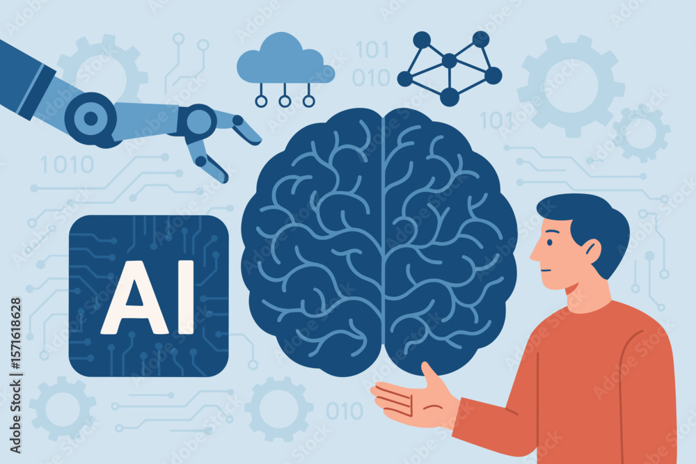 Poster artificial intelligence concept. ai, machine learning, deep learning, neural network. man, robot arm