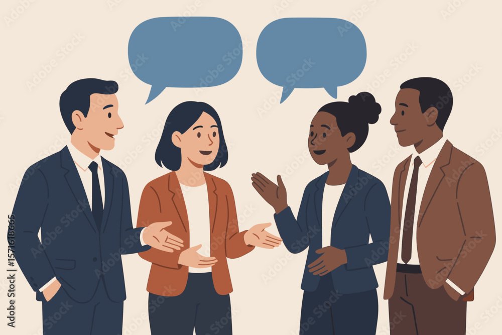 Poster diverse business people having a conversation. multicultural team meeting and discussion. coworkers 