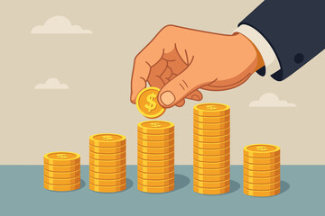 Businessman hand stacking gold coins in a growing graph. Financial investment, savings, and wealth accumulation concept. Business profit, budget, and economic growth. Cartoon vector.