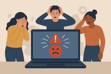 Computer outage or system error concept. Frustrated people stressed by software update mistake, operating system crash, or server down. Technical issue or cyber attack.