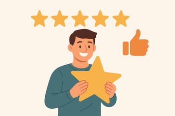 Customer satisfaction concept. Happy man giving a 5-star rating and a thumbs up. Positive client feedback, consumer review, and best service experience vector illustration.