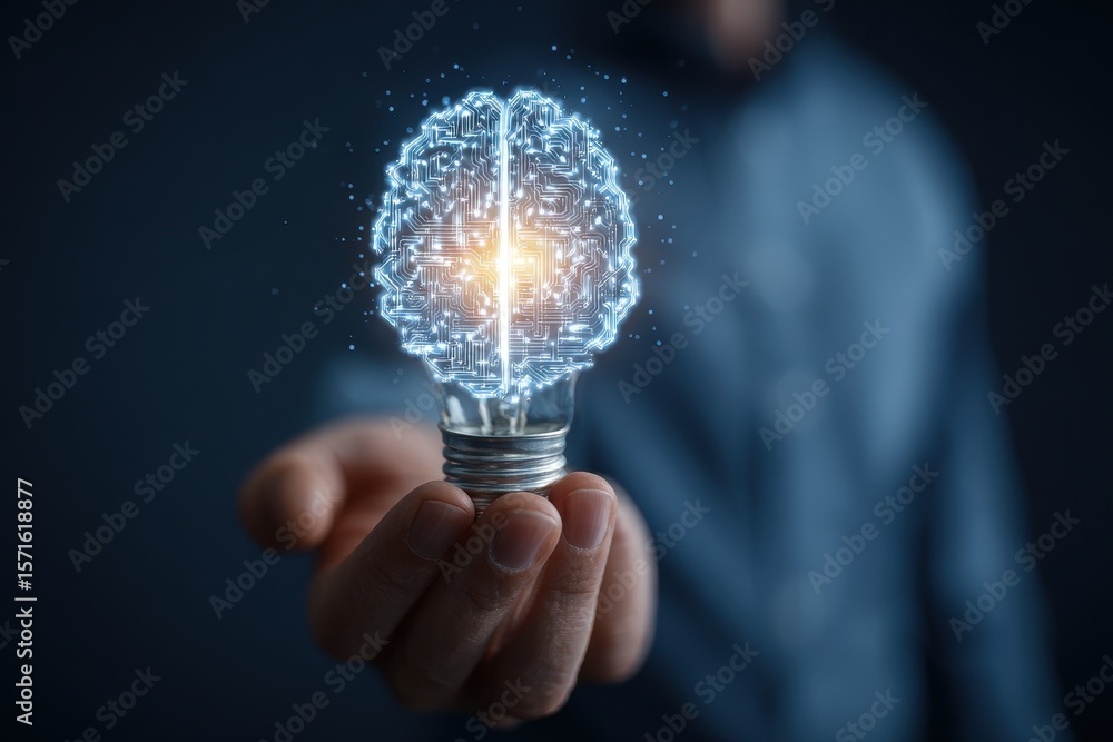 Poster glowing lightbulb representing innovative ideas and futuristic technology in a creative setting with