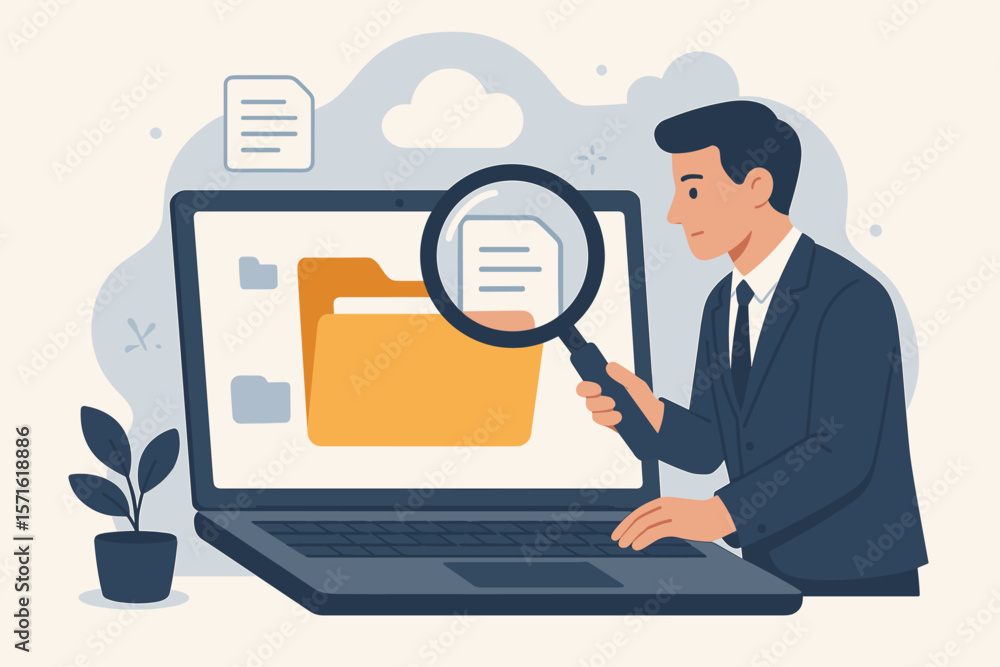 Poster file management and document archive concept. businessman with magnifying glass searching files on l
