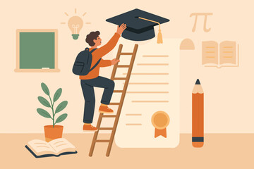 Education degree achievement concept. Student climbing ladder to success, reaching for graduation cap on university diploma. Metaphor for learning, knowledge, and career goal.