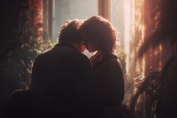 Young romantic couple embraces tenderly by the window in soft afternoon light creating an intimate moment filled with love and connection