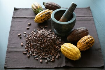 raw cocoa pod and beans with mortar pestle. Traditional chocolate making