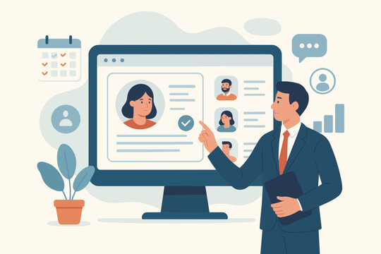 Businessman manages staff with HR software. Employee management, recruitment applicant tracking system. Candidate analysis on computer screen. CRM and personnel database concept.