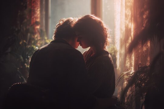Young romantic couple embraces tenderly by the window in soft afternoon light creating an intimate moment filled with love and connection