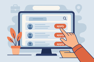 Job search online concept. Hand of a candidate clicks the apply button on a computer screen. Recruitment website with job vacancies list. Human resources, career, employment.