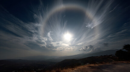 Photo of the natural phenomena Halos and Parelio, showing a circle of light around the sun accompanied by elongated lights, 