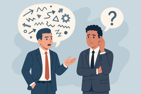 Jargon and communication barrier concept. Businessman talking with complex technical language. Confused colleague cannot understand. Difficult conversation, misunderstanding.