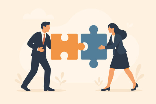 Business teamwork and partnership concept. Businessman and businesswoman connecting jigsaw puzzle pieces together. Collaboration and cooperation for problem-solving and finding a solution.