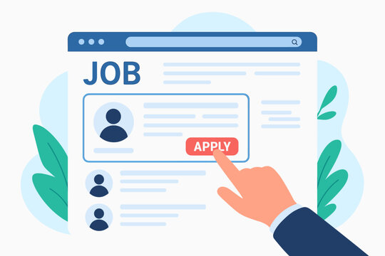 Job search online. Hand clicking apply button on a recruitment website. Career opportunity, employment, and hiring. Human resources and staffing vector illustration concept.