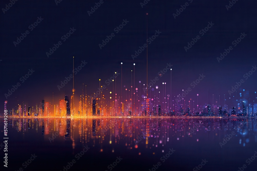 Poster visual representation of a smart city concept with vibrant colors and abstract dot patterns connecti